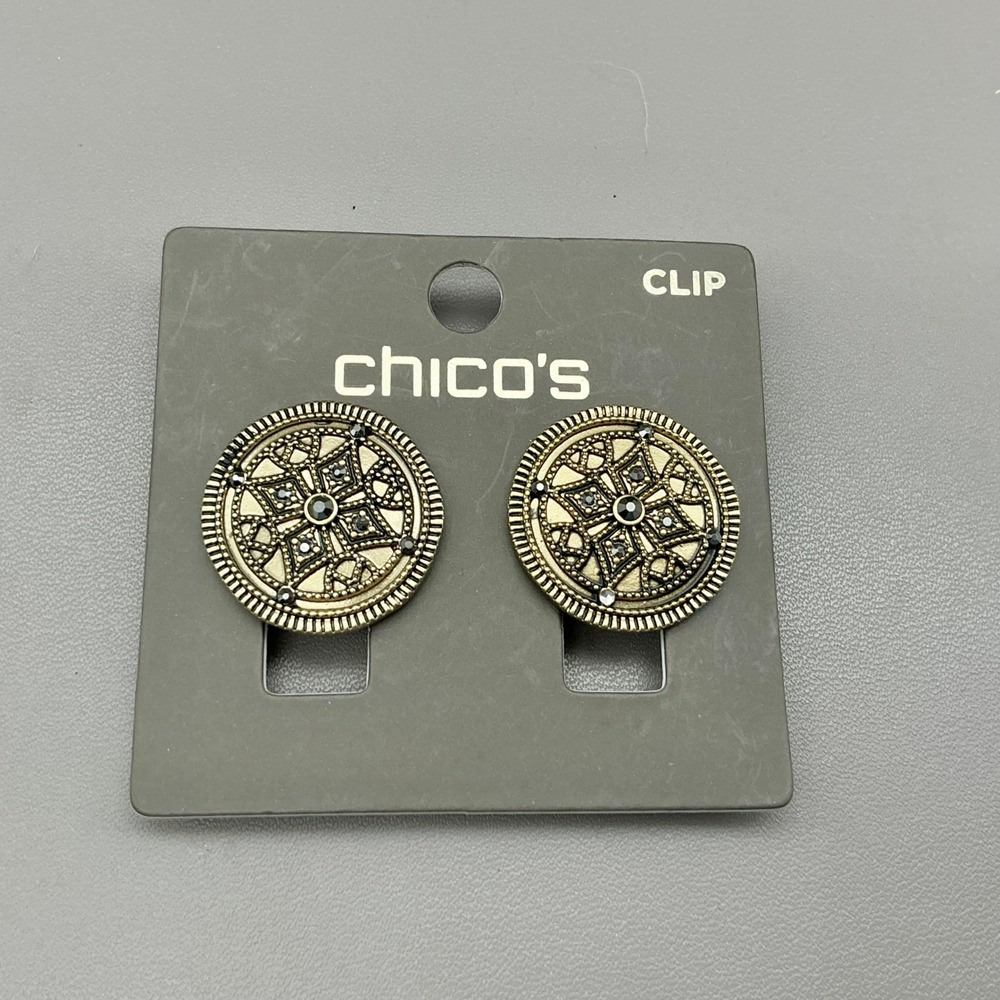 Chico's Earrings Womens Gold Tone Mia Clip On Round Filigree Medallion 1"
